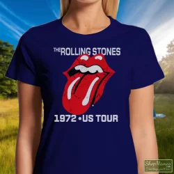 The Rolling Stones 1972 US Tour Shirt 7 Women's The Rolling Stones 1972 US Tour T Shirt In Navy, Front View On Light Wood Background
