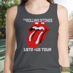 The Rolling Stones 1972 US Tour Shirt 9 Women's The Rolling Stones 1972 US Tour Tank Top In Charcoal, Front View On Dark Wood Background