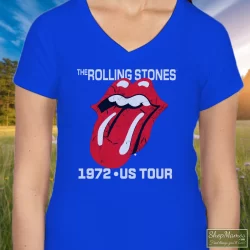 The Rolling Stones 1972 US Tour Shirt 8 Women's The Rolling Stones 1972 US Tour V Neck In Royal Blue, Front View On Light Wood Background