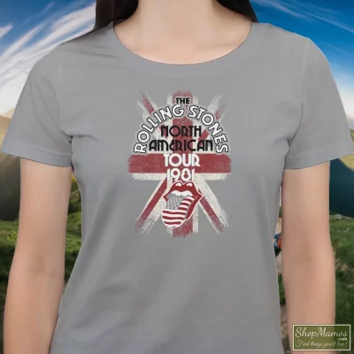 Women's The Rolling Stones 1981 American Tour T Shirt In Sport Grey, Front View On Dark Wood Background