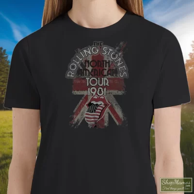 Women's The Rolling Stones American Tour 1981 T Shirt In Black, Front View On Light Wood Background
