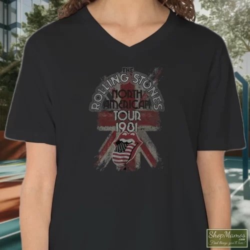 The Rolling Stones American Tour 1981 Women’s V Neck – Black Front View On Light Wood Background Women's The Rolling Stones American Tour 1981 V Neck In Black, Front View On Light Wood Background