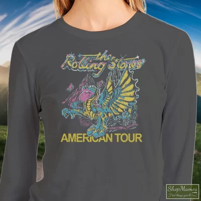 Women's The Rolling Stones American Tour Dragon Sweatshirt In Charcoal, Front View On Dark Wood Background