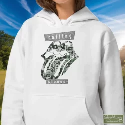 The Rolling Stones Big Logo Streetwear Shirt 9 Women's The Rolling Stones Big Logo Streetwear Hoodie In White, Front View On Dark Wood Background