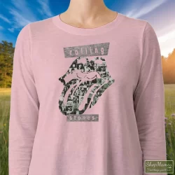 The Rolling Stones Big Logo Streetwear Shirt 8 Women's The Rolling Stones Big Logo Streetwear Long Sleeve In Light Pink, Front View On Dark Wood Background