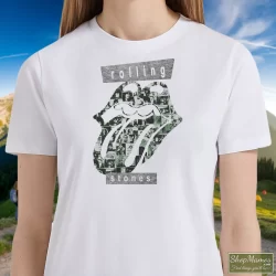 The Rolling Stones Big Logo Streetwear Shirt 7 Women's The Rolling Stones Big Logo Streetwear T Shirt In White, Front View On Dark Wood Background
