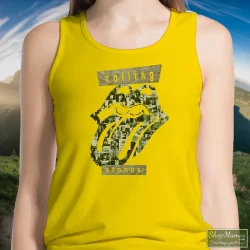 The Rolling Stones Big Logo Streetwear Shirt 4 Women's The Rolling Stones Big Logo Streetwear Tank Top In Yellow, Front View On Dark Wood Background