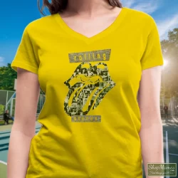 The Rolling Stones Big Logo Streetwear Shirt 10 Women's The Rolling Stones Big Logo Streetwear V Neck In Yellow, Front View On Dark Wood Background