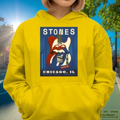 Women's The Rolling Stones Chicago Il June Hoodie In Yellow, Front View On Dark Wood Background
