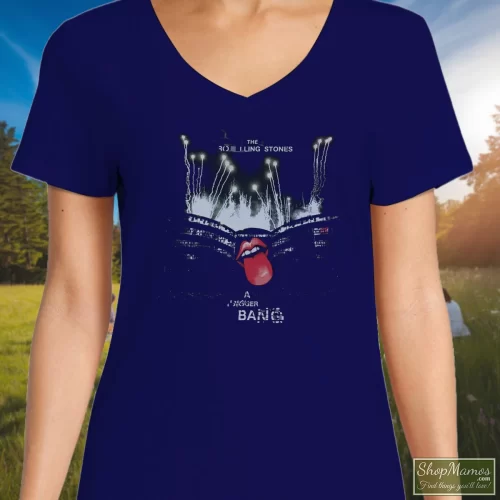 The Rolling Stones Concert 2005 Women’s V Neck – Navy Front View On Light Wood Background Women's The Rolling Stones Concert 2005 V Neck In Navy, Front View On Light Wood Background