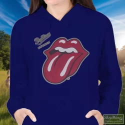The Rolling Stones English Rock Band Shirt Rock Blues Rock And Roll 6 Women's The Rolling Stones English Rock Band Rock Blues Rock And Roll Hoodie In Navy, Front View On Light Wood Background