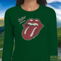 The Rolling Stones English Rock Band Shirt Rock Blues Rock And Roll 9 Women's The Rolling Stones English Rock Band Rock Blues Rock And Roll Long Sleeve In Forest Green, Front View On Light Wood Background