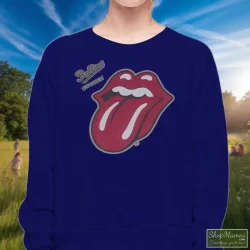 The Rolling Stones English Rock Band Shirt Rock Blues Rock And Roll 2 Women's The Rolling Stones English Rock Band Rock Blues Rock And Roll Sweatshirt In Navy, Front View On Light Wood Background