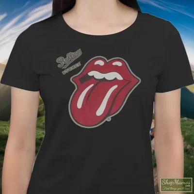 Women's The Rolling Stones English Rock Band Rock Blues Rock And Roll T Shirt In Black, Front View On Light Wood Background
