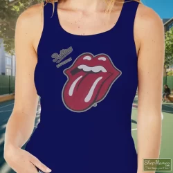The Rolling Stones English Rock Band Shirt Rock Blues Rock And Roll 3 Women's The Rolling Stones English Rock Band Rock Blues Rock And Roll Tank Top In Navy, Front View On Light Wood Background