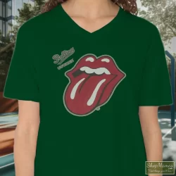 The Rolling Stones English Rock Band Shirt Rock Blues Rock And Roll 10 Women's The Rolling Stones English Rock Band Rock Blues Rock And Roll V Neck In Forest Green, Front View On Light Wood Background