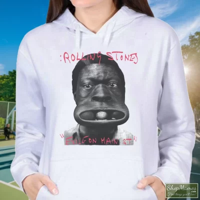 Women's The Rolling Stones Exile On Main St Band Hoodie In White, Front View On Dark Wood Background