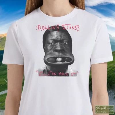 Women's The Rolling Stones Exile On Main St Band T Shirt In White, Front View On Dark Wood Background