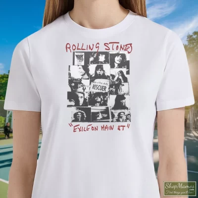 Women's The Rolling Stones Exile On Main St Mick Jagger Keith Richards Rocks Off T Shirt In White, Front View On Dark Wood Background