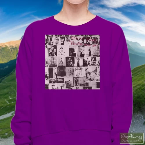 The Rolling Stones Exile On Main Street Women’s Sweatshirt – Purple Front View On Light Wood Background Women's The Rolling Stones Exile On Main Street Sweatshirt In Purple, Front View On Light Wood Background