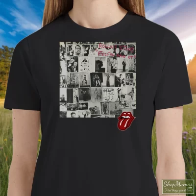 Women's The Rolling Stones Exile On Main Street Tongue T Shirt In Black, Front View On Light Wood Background