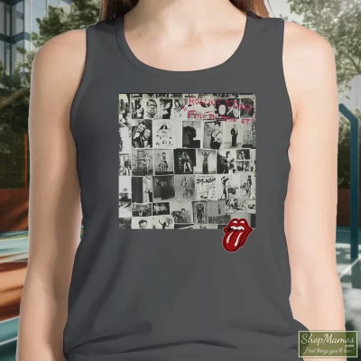 Women's The Rolling Stones Exile On Main Street Tongue Tank Top In Charcoal, Front View On Dark Wood Background