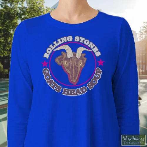 The Rolling Stones Goats Head Soup Women’s Long Sleeve – Royal Blue Front View On Light Wood Background Women's The Rolling Stones Goats Head Soup Long Sleeve In Royal Blue, Front View On Light Wood Background