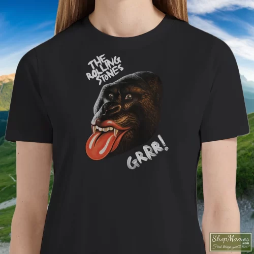 The Rolling Stones Grrr Legends Of Rock Women’s T Shirt – Black Front View On Light Wood Background Women's The Rolling Stones Grrr Legends Of Rock T Shirt In Black, Front View On Light Wood Background