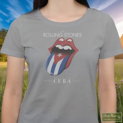 Women's The Rolling Stones Havana Cuba T Shirt In Sport Grey, Front View On Dark Wood Background