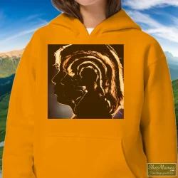 The Rolling Stones Hot Rocks 1964-1971 Shirt 3 Women's The Rolling Stones Hot Rocks 1964 - 1971 Hoodie In Orange, Front View On Dark Wood Background