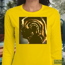 The Rolling Stones Hot Rocks 1964-1971 Shirt 6 Women's The Rolling Stones Hot Rocks 1964 - 1971 Long Sleeve In Yellow, Front View On Dark Wood Background