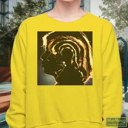 The Rolling Stones Hot Rocks 1964-1971 Shirt 5 Women's The Rolling Stones Hot Rocks 1964 - 1971 Sweatshirt In Yellow, Front View On Dark Wood Background