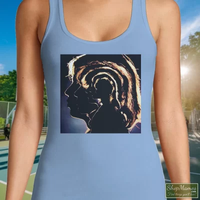 Women's The Rolling Stones Hot Rocks 1964 - 1971 Tank Top In Light Blue, Front View On Dark Wood Background