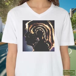The Rolling Stones Hot Rocks 1964-1971 Shirt 2 Women's The Rolling Stones Hot Rocks 1964 - 1971 V Neck In White, Front View On Dark Wood Background
