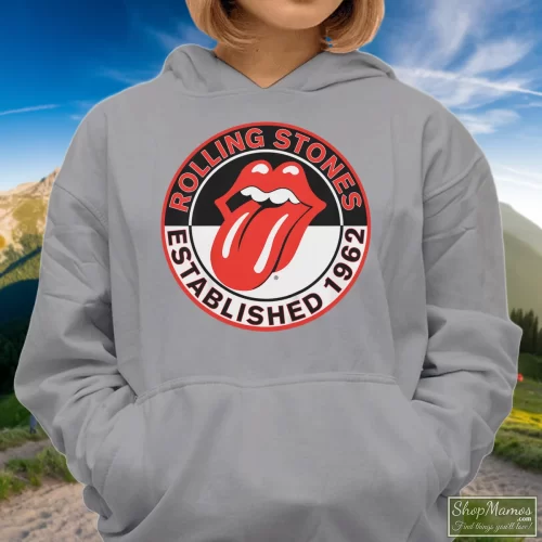 The Rolling Stones Logo Est 1962 Women’s Hoodie – Sport Grey Front View On Dark Wood Background Women's The Rolling Stones Logo Est 1962 Hoodie In Sport Grey, Front View On Dark Wood Background