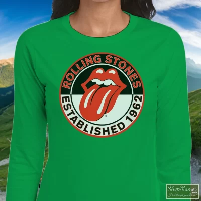 Women's The Rolling Stones Logo Est 1962 Long Sleeve In Irish Green, Front View On Light Wood Background