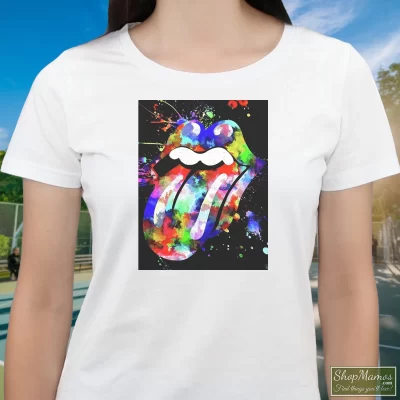 Women's The Rolling Stones Logo Grunge T Shirt In White, Front View On Dark Wood Background