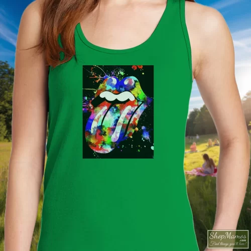 The Rolling Stones Logo Grunge Women’s Tank Top – Irish Green Front View On Light Wood Background Women's The Rolling Stones Logo Grunge Tank Top In Irish Green, Front View On Light Wood Background