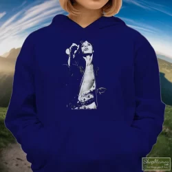 The Rolling Stones Mick Jagger Shirt 10 Women's The Rolling Stones Mick Jagger Hoodie In Navy, Front View On Light Wood Background