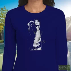The Rolling Stones Mick Jagger Shirt 6 Women's The Rolling Stones Mick Jagger Long Sleeve In Navy, Front View On Light Wood Background