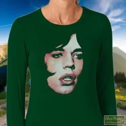 The Rolling Stones Mick Jagger Performance Face Shirt 6 Women's The Rolling Stones Mick Jagger Performance Face Long Sleeve In Forest Green, Front View On Light Wood Background