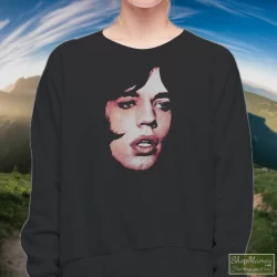 The Rolling Stones Mick Jagger Performance Face Shirt 3 Women's The Rolling Stones Mick Jagger Performance Face Sweatshirt In Black, Front View On Light Wood Background