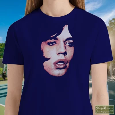 Women's The Rolling Stones Mick Jagger Performance Face T Shirt In Navy, Front View On Light Wood Background