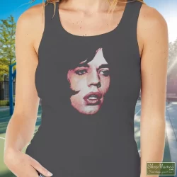 The Rolling Stones Mick Jagger Performance Face Shirt 5 Women's The Rolling Stones Mick Jagger Performance Face Tank Top In Charcoal, Front View On Dark Wood Background