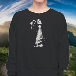 The Rolling Stones Mick Jagger Shirt 9 Women's The Rolling Stones Mick Jagger Sweatshirt In Black, Front View On Light Wood Background