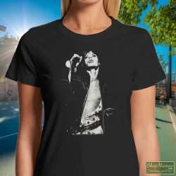The Rolling Stones Mick Jagger Shirt 2 Women's The Rolling Stones Mick Jagger T Shirt In Black, Front View On Light Wood Background