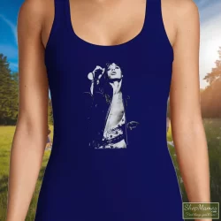 The Rolling Stones Mick Jagger Shirt 3 Women's The Rolling Stones Mick Jagger Tank Top In Navy, Front View On Light Wood Background