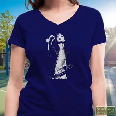 Women's The Rolling Stones Mick Jagger V Neck In Navy, Front View On Light Wood Background