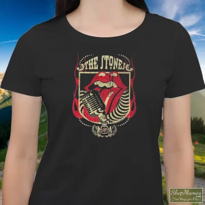 Women's The Rolling Stones Micro Tongue Lips T Shirt In Black, Front View On Light Wood Background