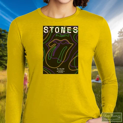 The Rolling Stones No Filter Album New Orleans La Women’s Long Sleeve – Yellow Front View On Dark Wood Background Women's The Rolling Stones No Filter Album New Orleans La Long Sleeve In Yellow, Front View On Dark Wood Background
